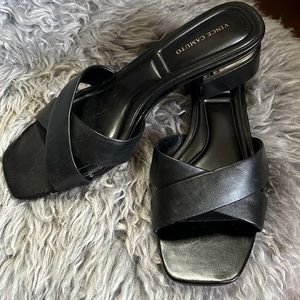 Vince Camuto Black Leather Crisscross Slide Sandals